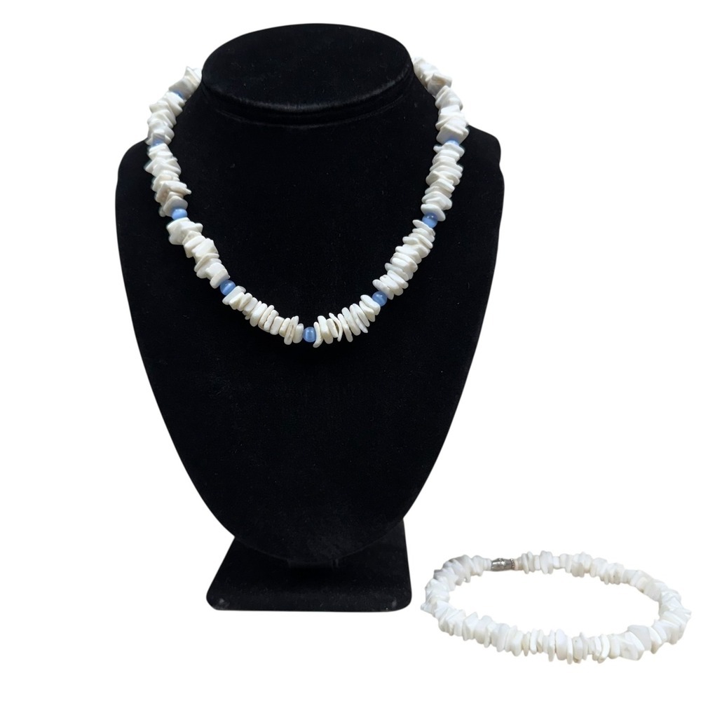 Shell Chip Necklace and Anklet Bracelet Set White Blue Glass Beads Beachy Boho